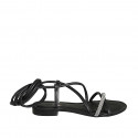 Sandale spartiates à lacets avec strass pour femmes en cuir noir talon 1 - Pointures disponibles:  34, 45