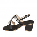 Woman's sandal  with crystal flower-shaped rhinestones in black leather heel 6 - Available sizes:  32, 33, 34, 42, 43, 44, 45, 46