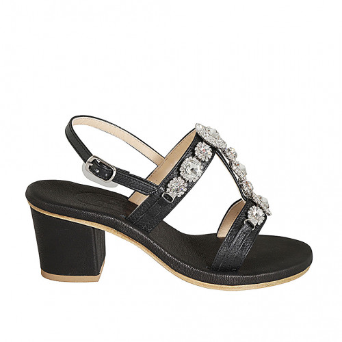 Sandalia para mujer en piel negra con pedreria de cristal a forma de flores tacon 6 - Tallas disponibles:  42, 43, 44, 46