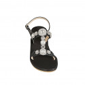 Woman's sandal  with crystal flower-shaped rhinestones in black leather heel 6 - Available sizes:  32, 33, 34, 42, 43, 44, 45, 46