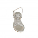 Woman's sandal  with crystal flowers-shaped rhinestones in laminated silver leather heel 6 - Available sizes:  32, 33, 34, 42, 43, 44, 46