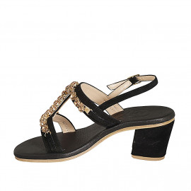 Sandale pour femmes avec strass de cristal doré en daim noir talon 6 - Pointures disponibles:  32, 34, 42, 43, 46 2