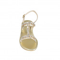 Woman's sandal with golden crystal rhinestones in laminated platinum leather heel 6 - Available sizes:  32, 33, 34, 42, 43, 44, 45, 46