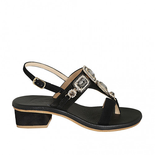 Sandale entredoigt pour femmes en daim noir avec strass carrés en cristal talon 4 - Pointures disponibles:  32, 33, 34, 42, 43, 45, 46