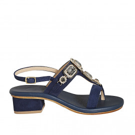 Sandale entredoigt pour femmes en daim bleu avec strass carrés en cristal talon 4 - Pointures disponibles: 32, 33, 34, 44