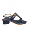Woman's thong sandal in blue suede with squared crystal rhinestones heel 4 - Available sizes:  32, 33, 34, 42, 43, 44, 46