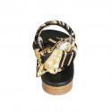 Woman's sandal in black leather with anklestrap and pattened scarf accessory heel 2 - Available sizes:  33, 34, 43