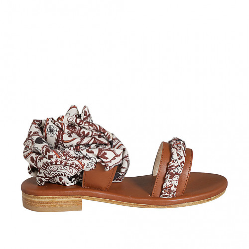 Woman's sandal in cognac brown leather with anklestrap and pattened scarf accessory heel 2 - Available sizes:  33, 34, 42, 43, 44, 46