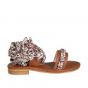 Woman's sandal in cognac brown leather with anklestrap and pattened scarf accessory heel 2 - Available sizes:  33, 34, 43, 44, 46