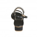 Sandalia en piel negra con pedreria de cristal para mujer tacon 4 - Tallas disponibles:  32, 33, 34, 42, 43, 44, 45, 46
