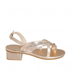 Woman's thong sandal in copper laminated leather with crystal rhinestones heel 4 - Available sizes:  44
