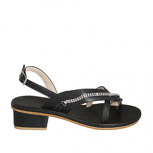Sandale entredoigt pour femmes en cuir noir avec strass en cristal talon 4 - Pointures disponibles:  33, 34, 42, 43, 44, 45, 46