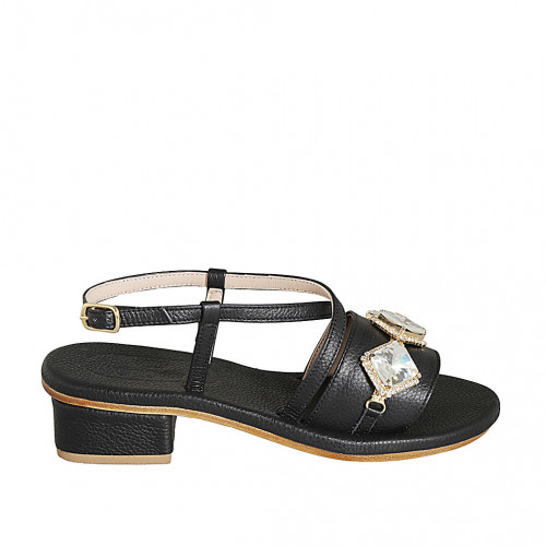 Sandale pour femmes avec courroie croisé et en cristal  en cuir noir talon 4 - Pointures disponibles:  33, 34, 43, 44, 45, 46