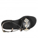 Woman's sandal with crossed strap and crystal rhinestones in black leather heel 4 - Available sizes:  33, 34, 43, 44, 45, 46