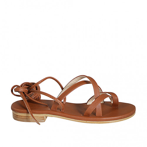 Sandalia de dedo estilo gladiador con cordones para mujer en piel cognac tacon 2 - Tallas disponibles:  32, 33, 44