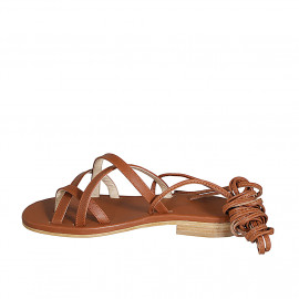 Woman's thong gladiator sandal in cognac brown leather heel 2 - Available sizes:  32 2
