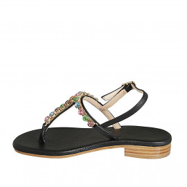 Sandalo infradito da donna in pelle nera con strass di cristalli multicolor tacco 2 - Misure disponibili: 42 2