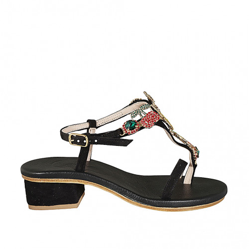 Sandale entredoigt pour femmes en daim noir avec strass en cristal en forme de fruits et courroie talon 4 - Pointures disponibles:  34, 42, 46