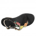 Woman's thong sandal in black suede with fruit-shaped crystal rhinestones and strap heel 4 - Available sizes:  32, 33, 34, 42, 43, 45, 46