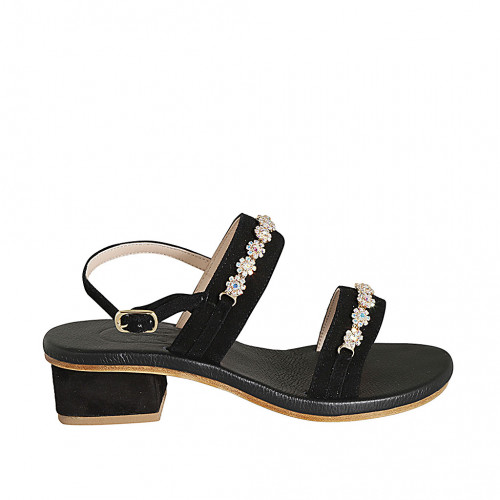 Sandalia para mujer en gamuza negra con pedreria de cristal a forma de flores tacon 4 - Tallas disponibles:  32, 33, 34, 42, 43, 44, 45, 46