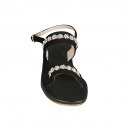 Sandalia para mujer en gamuza negra con pedreria de cristal a forma de flores tacon 4 - Tallas disponibles:  32, 33, 34, 42, 43, 44, 45, 46