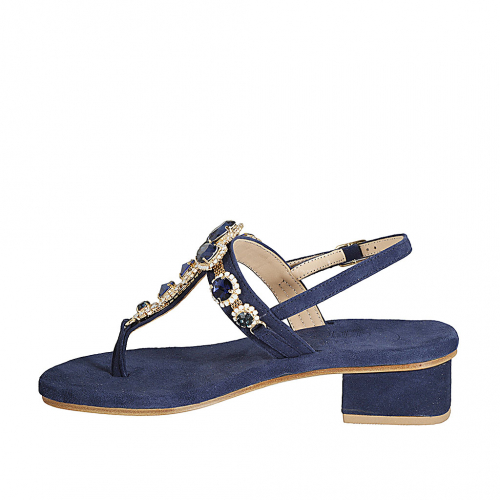 Sandale pour femmes avec strass de cristal en forme de fleurs en daim bleu talon 4 - Pointures disponibles:  45
