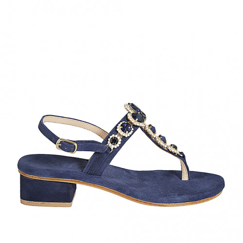 Woman's sandal with flower-shaped crystal rhinestones in blue suede heel 4 - Available sizes:  33, 43, 44, 45