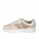 Woman's laced shoe with removable insole and studs in rose, laminated platinum and rose printed leather wedge heel 4 - Available sizes:  42, 44