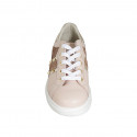 Woman's laced shoe with removable insole and studs in rose, laminated platinum and rose printed leather wedge heel 4 - Available sizes:  42, 44