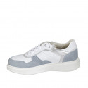 Scarpa stringata in pelle bianca e laminata argento e camoscio azzurro con strass e plantare estraibile zeppa 4 - Misure disponibili: 42, 43, 44
