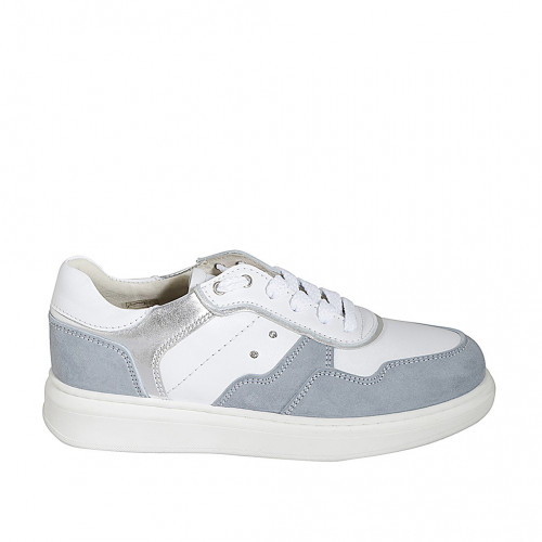 Scarpa stringata in pelle bianca e laminata argento e camoscio azzurro con strass e plantare estraibile zeppa 4 - Misure disponibili: 42, 43, 44