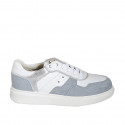 Scarpa stringata in pelle bianca e laminata argento e camoscio azzurro con strass e plantare estraibile zeppa 4 - Misure disponibili: 42, 43, 44