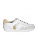 Woman's laced shoe in white and bronze laminated leather and beige suede with removable insole wedge heel 2 - Available sizes:  42, 43, 44, 45