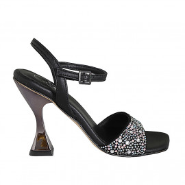 Woman's strap sandal with multicolored crystal rhinestones in black leather heel 10 - Available sizes:  34, 42, 46