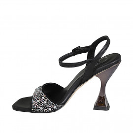 Sandalia con cinturon y pedreria de cristal multicolor para mujer en piel negra tacon 10 - Tallas disponibles:  34, 42 2