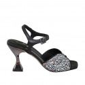 Sandale avec courroie et strass en cristal multicouleur pour femmes en cuir noir talon 8 - Pointures disponibles:  33