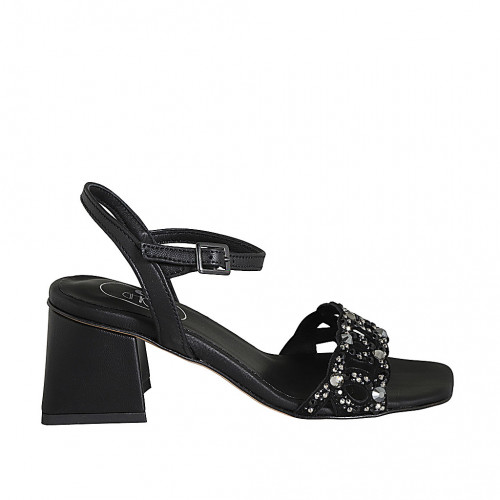 Sandale avec courroie et strass en cristal multicouleur pour femmes en cuir noir talon 6 - Pointures disponibles:  32, 42, 43, 44, 45, 46