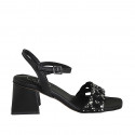 Sandale avec courroie et strass en cristal multicouleur pour femmes en cuir noir talon 6 - Pointures disponibles:  32, 33, 34, 42, 43, 44, 45, 46