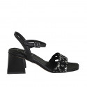 Sandale avec courroie et strass en cristal multicouleur pour femmes en cuir noir talon 6 - Pointures disponibles:  32, 42, 43, 44, 45, 46