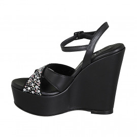 Woman's sandal in black leather with strap, multicolored crystal rhinestones, platform and wedge heel 12 - Available sizes:  32, 43 2