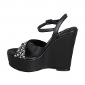 Woman's sandal in black leather with strap, multicolored crystal rhinestones, platform and wedge heel 12 - Available sizes:  32, 33, 34, 42, 43, 44, 45
