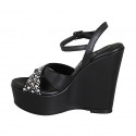 Woman's sandal in black leather with strap, multicolored crystal rhinestones, platform and wedge heel 12 - Available sizes:  32, 42, 43, 44, 45