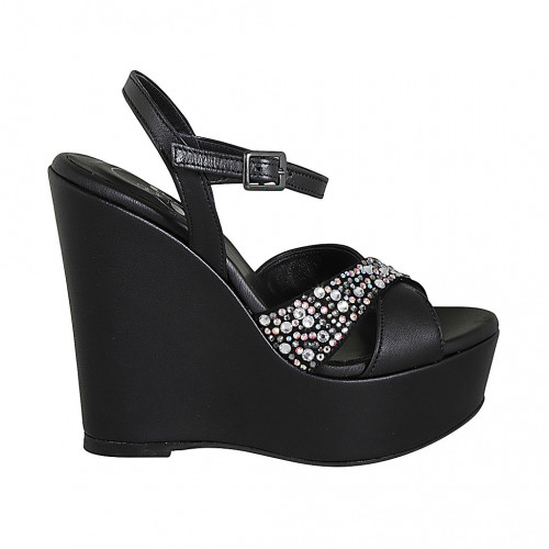 Woman's sandal in black leather with strap, multicolored crystal rhinestones, platform and wedge heel 12 - Available sizes:  32, 33, 34, 42, 43, 44, 45
