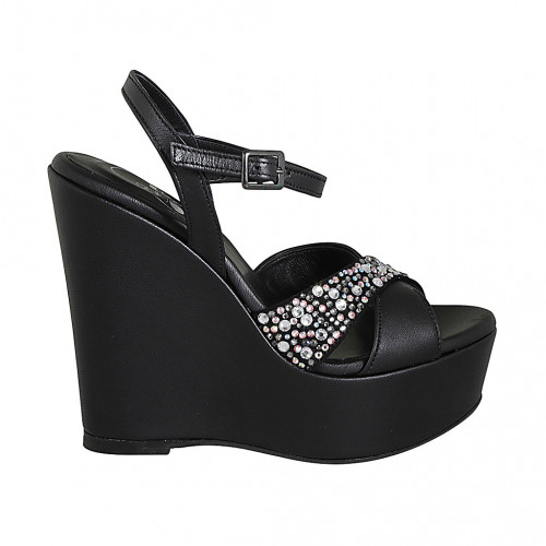 Woman's sandal in black leather with strap, multicolored crystal rhinestones, platform and wedge heel 12 - Available sizes:  32, 42, 43, 44, 45