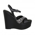Woman's sandal in black leather with strap, multicolored crystal rhinestones, platform and wedge heel 12 - Available sizes:  32, 42, 43, 44, 45