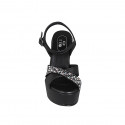 Sandalia para mujer en piel negra con cinturon, estras de cristal multicolor, plataforma y cuña 12 - Tallas disponibles:  32, 33, 34, 42, 43, 44, 45