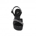 Woman's sandal in black leather with strap, multicolored crystal rhinestones, platform and wedge heel 12 - Available sizes:  32, 42, 43, 44, 45