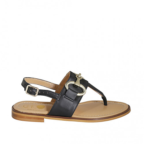 Woman's thong sandal with accessory in black leather heel 2 - Available sizes:  33, 34, 42, 43, 44