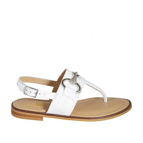 Woman's thong sandal with accessory in white leather heel 2 - Available sizes:  33, 34, 42, 43, 44, 45