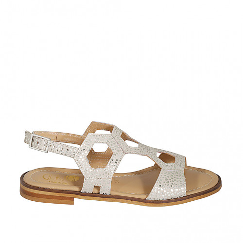 Woman's sandal in platinum laminated printed beige suede heel 2 - Available sizes:  32, 33, 42, 43, 44, 45